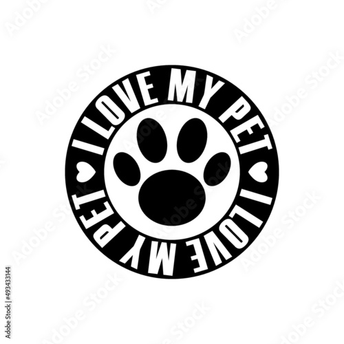 I Love my pet logo with dog paw print isolated on white background