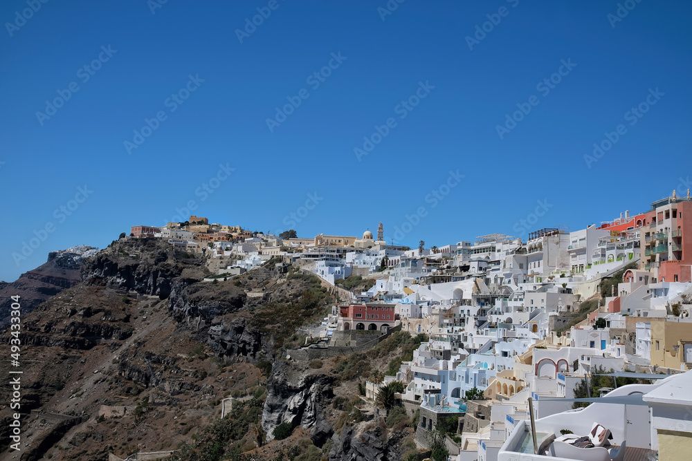Panoramic view of the amazing architecture of the village of Fira in Santorini Greece