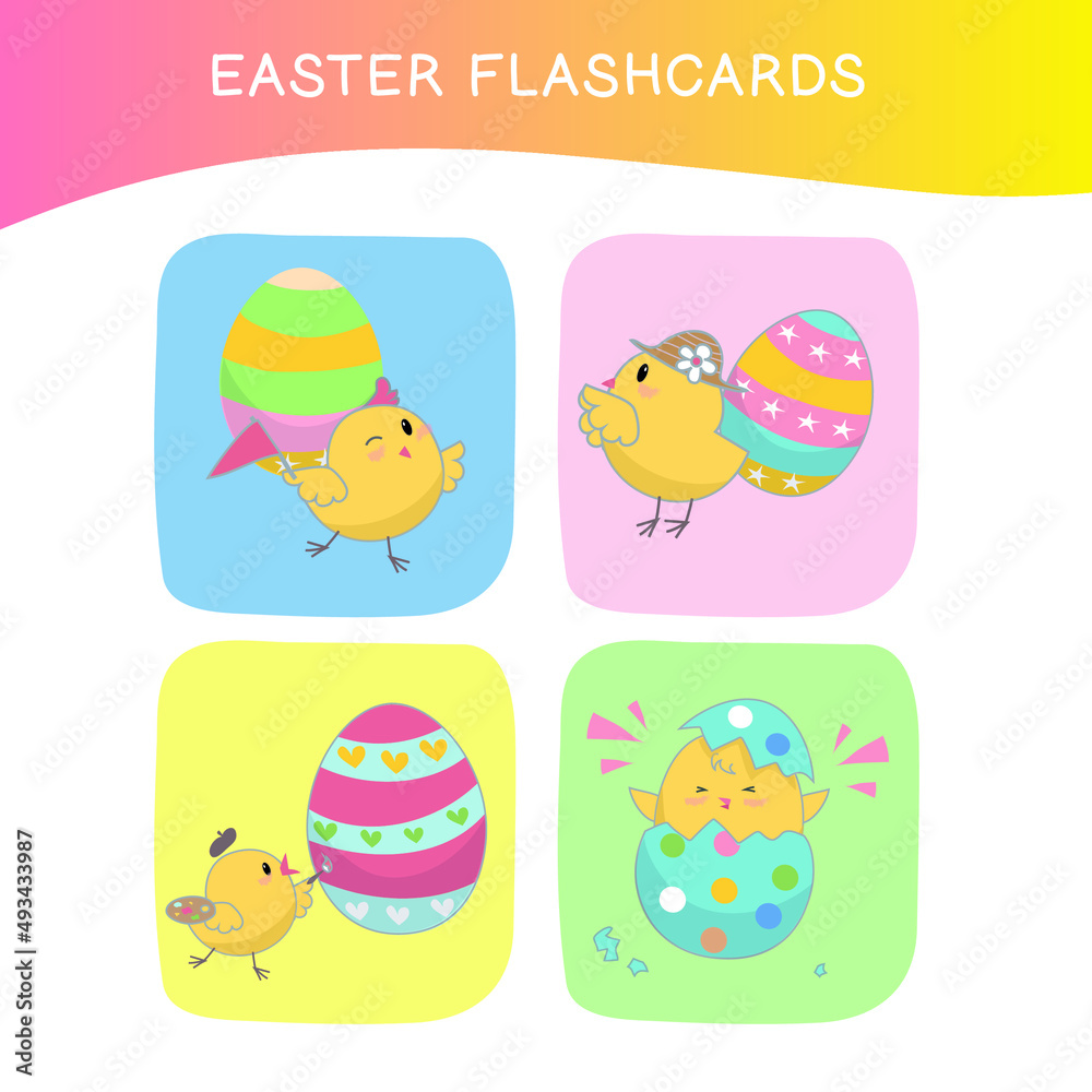 Cute Easter image flashcards collection. flashcards for preschool children. Educational printable game cards. Colorful printable flashcard. Vector illustration.