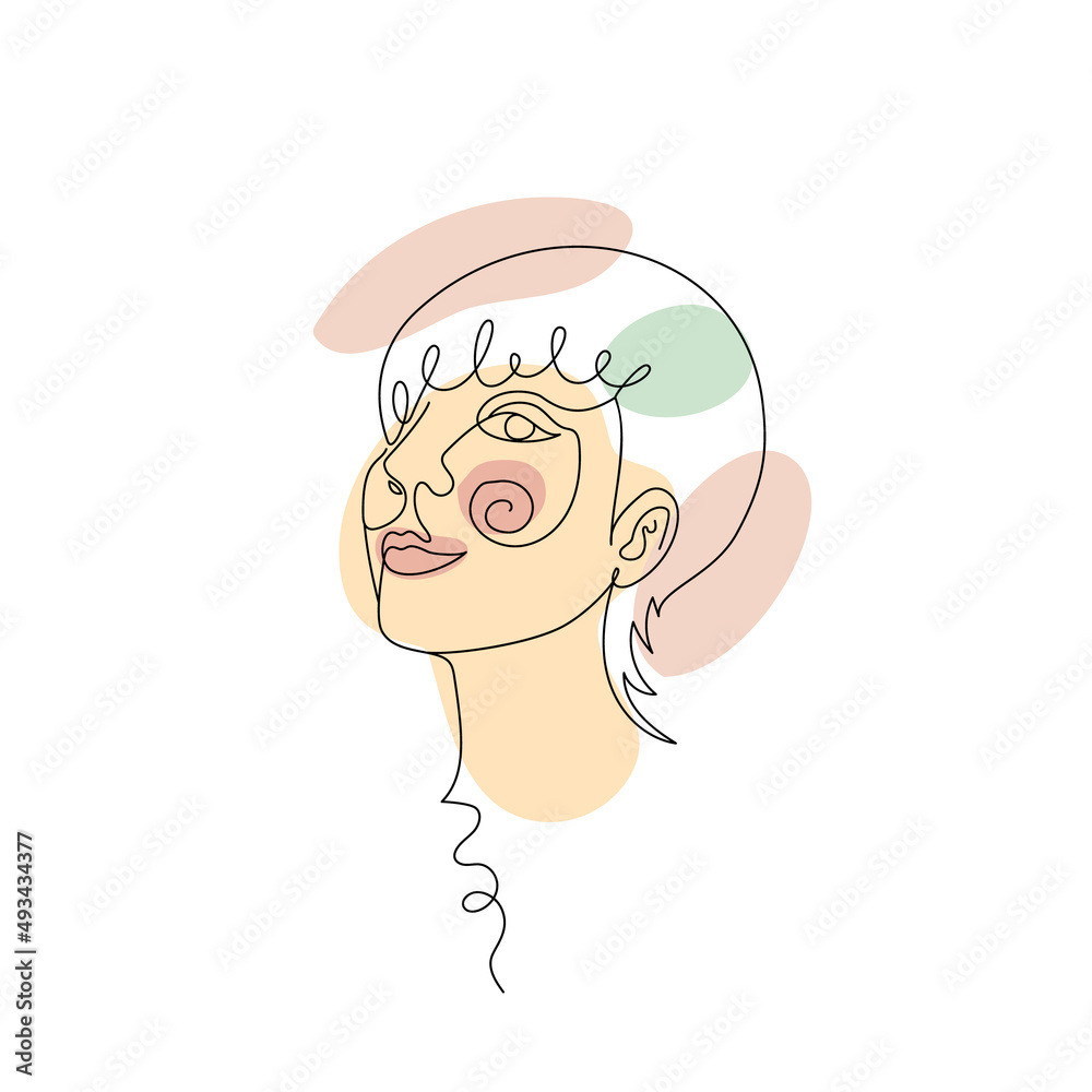 Obraz premium Female face single line drawing and pastel abstract shapes composition. Portrait of young beautiful girl line art.