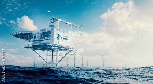 Foto The concept of offshore hydrogen production through a hydrogen rig platform with an offshore wind turbine farm in the middle of the sea