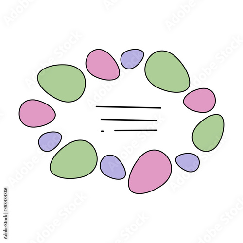 Easter round frame with colorful eggs with a stroke on a white isolated background.