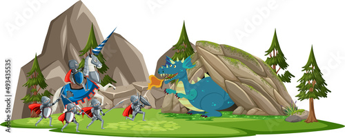 Scene with knight and dragon in fairytale land