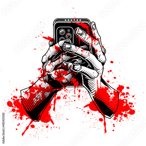 Bloody hands. Vector illustration of hands holding smartphone device in engraving technique isolated.