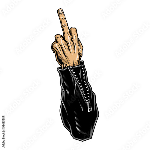 Outrageous and contempt fuck you symbol. Vector illustration of hand gesture - middle finger in engraving technique.