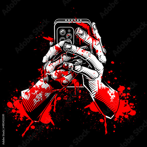 Bloody hands. Vector illustration of hands holding smartphone device in engraving technique isolated. photo