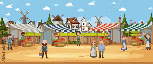Medieval town scene with villagers at the market photo