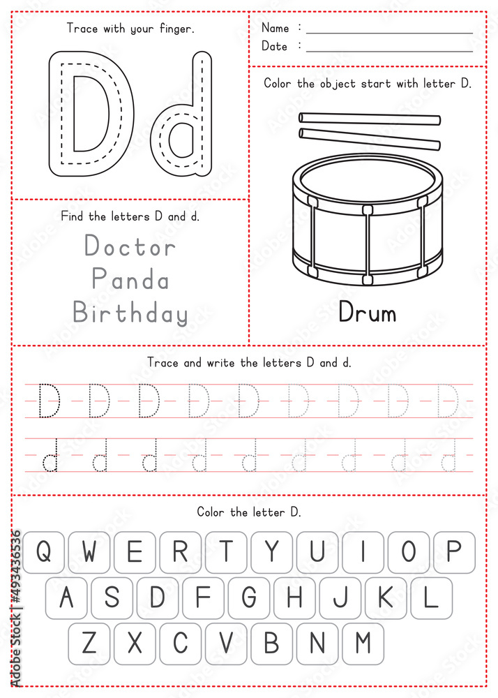 Children Learning Printable - Tracing, Coloring, and Writing Alphabet D