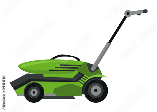 Lawn mower machine in green color. Trimming, pruning and cutting grass electric or petrol mower work tool for garden. Flat cartoon icon isolated on white background