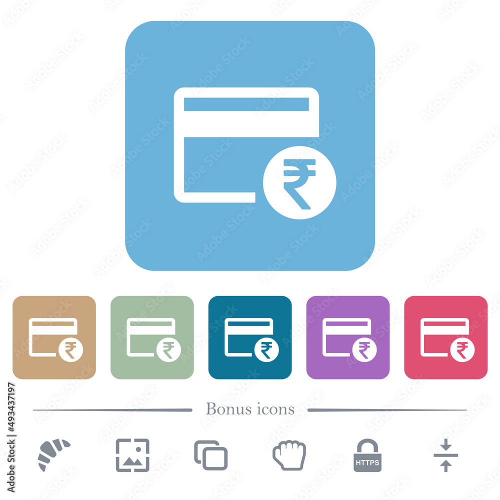 Rupee credit card flat icons on color rounded square backgrounds Rupee credit card flat icons on color rounded square backgrounds