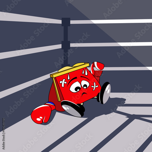 Sad  and beaten wallet in the corner of the ring. Vector illustration.