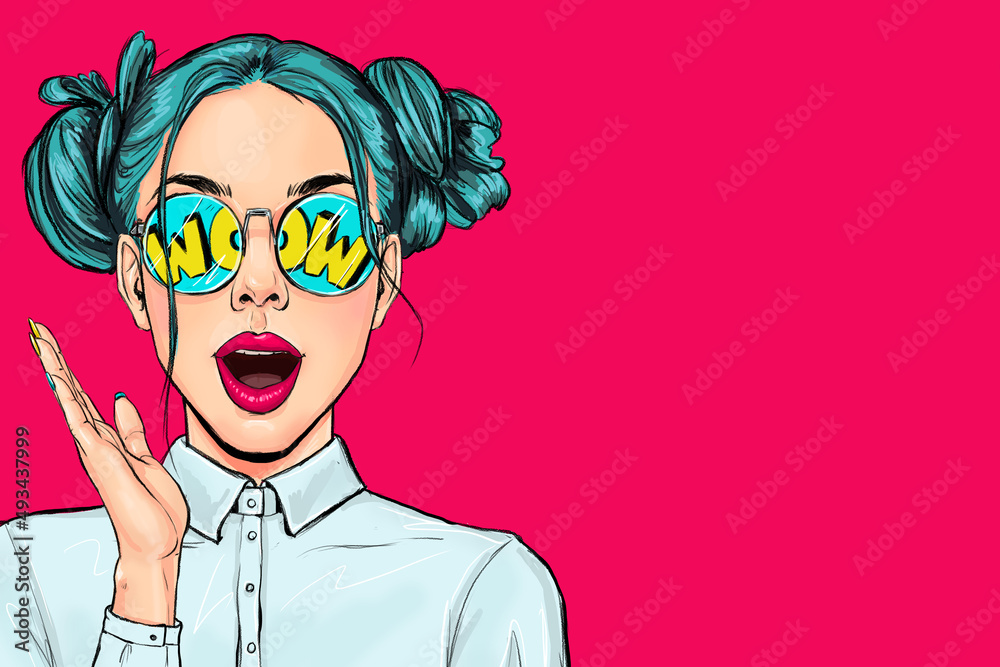 Surprised amazed young attractive happy Pop Art woman in glasses . Advertising poster or party invitation with sexy  girl  in comic style. - obrazy, fototapety, plakaty 
