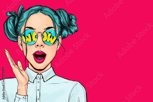 Surprised amazed young attractive happy Pop Art woman in glasses . Advertising poster or party invitation with sexy  girl  in comic style. photo