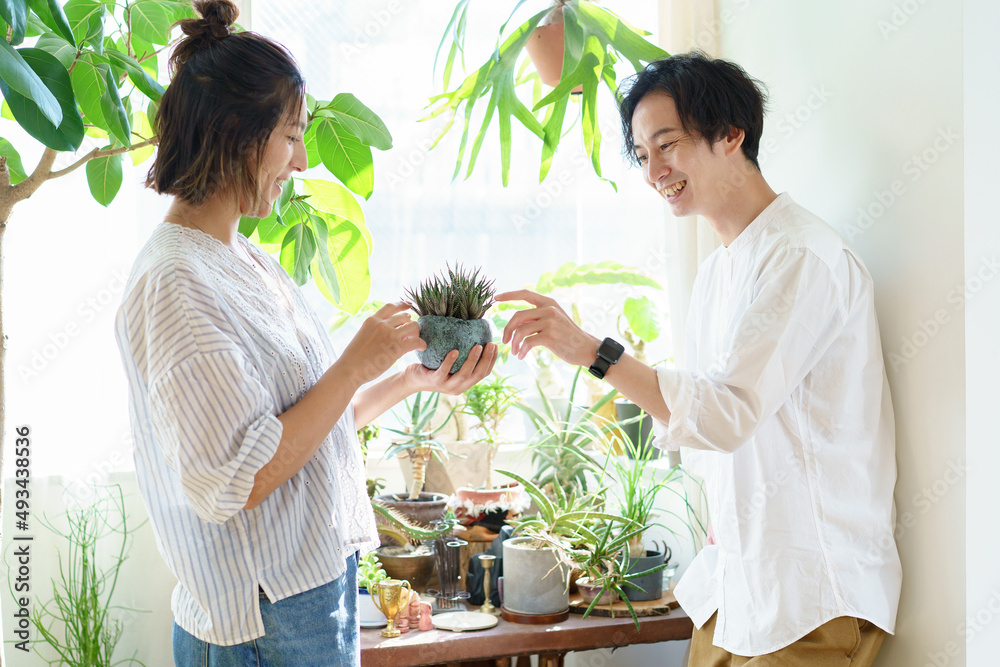 観葉植物を育てる男女 観葉植物を育てる男女