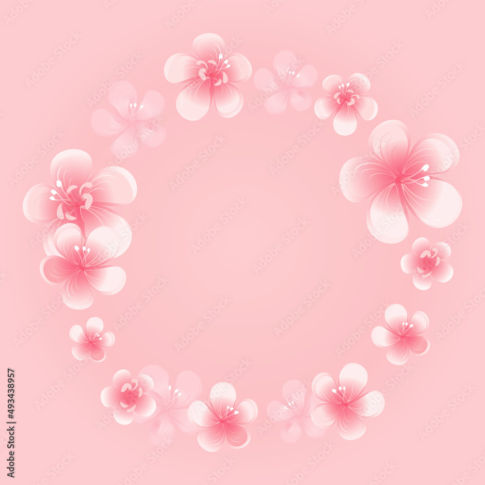 Flying flowers isolated on light peach pink background. Apple-tree flowers. Cherry blossom. Border. Vector