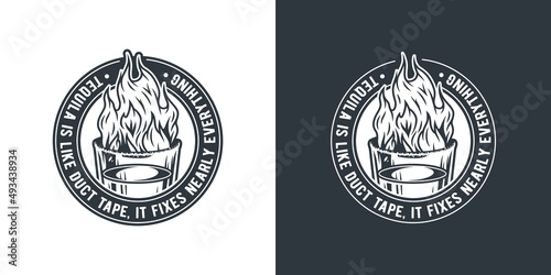 Tequila shot with flame and salt. Hand drawn illustration converted to vector isolated on white background