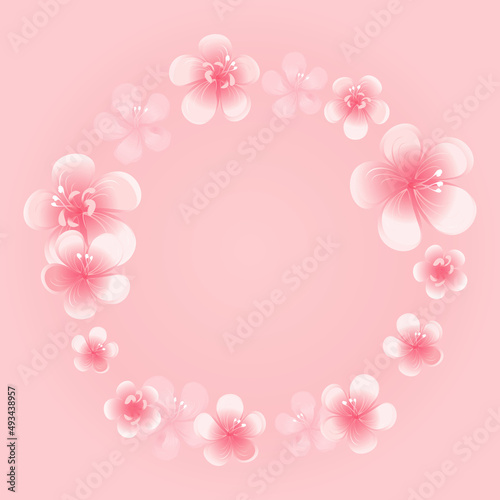 Flying flowers isolated on light peach pink background. Apple-tree flowers. Cherry blossom. Border. Vector