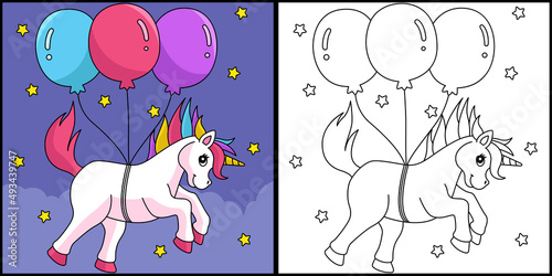 Unicorn Floating With The Balloons Coloring Page