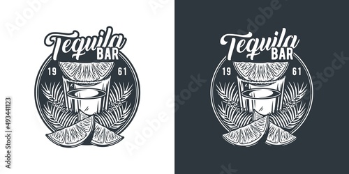 Tequila shot with lime and leaves. Vector tropical design with mexican tequila for alcohol pab