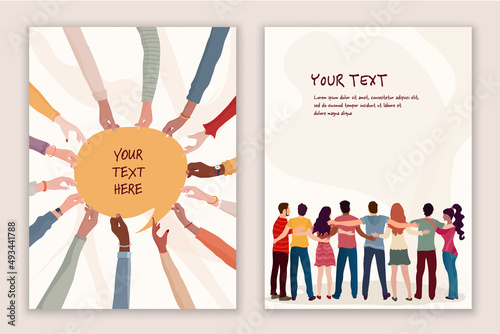 Group of multicultural volunteer people embraced viewed from behind and group of hands holding a speech bubble.NGO - flyer - brochure - poster - cover -editable template.Volunteer concept