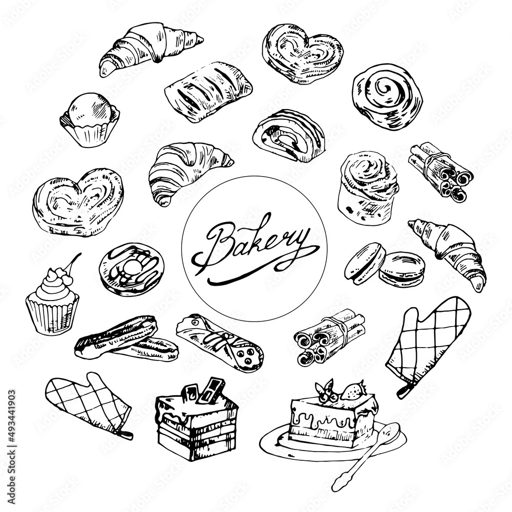 Set of drawings of bakery products. vector sketch doodle black on white background hand drawn. Set of drawings of bakery products. vector sketch doodle black on white background hand drawn.