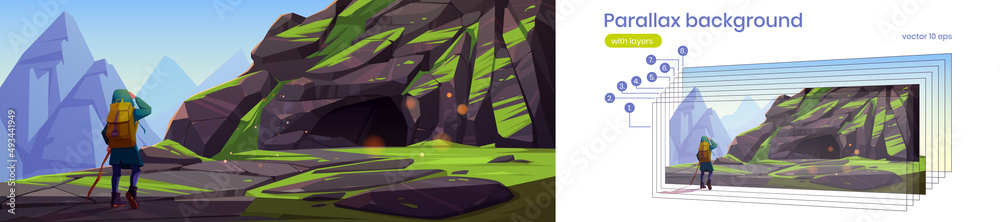 Parallax background traveler at mountains 2d landscape with separated ...