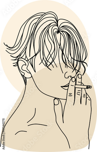 Vector drawing of a smoking man. A man with long hair exhales smoke and holds a cigarette. One continuous line drawing of a smoker.