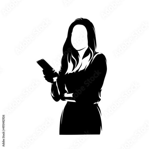 Business woman holding mobile phone in hand, abstract isolated vector sihouette, ink drawing