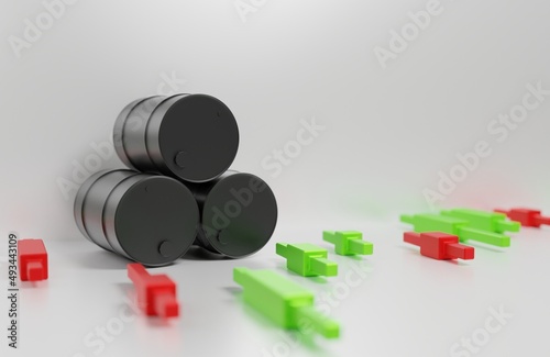three black barrels of oil on the chart of growth and fall with voluminous Japanese candlesticks on a white background, the concept of black gold volatility in the forex market, 3d rendering