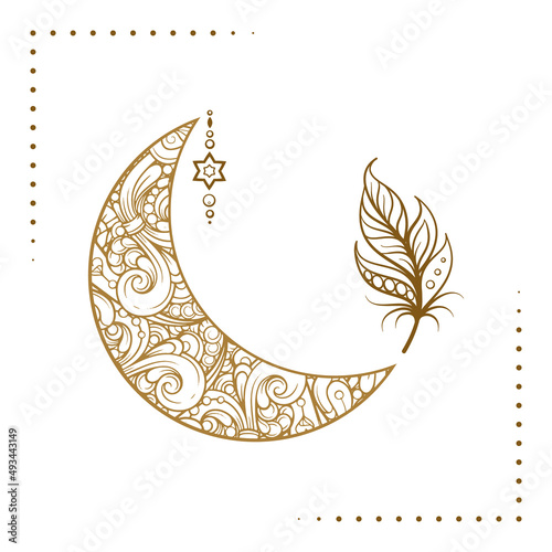 Golden cresent moon and boho feather temporary tattoo. Ethnic style vector graphic.