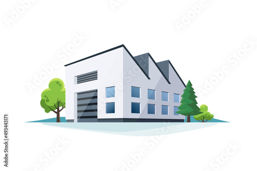 Simple general production industry factory exterior. Power station plant manufacture. Isolated vector illustration on white background. 