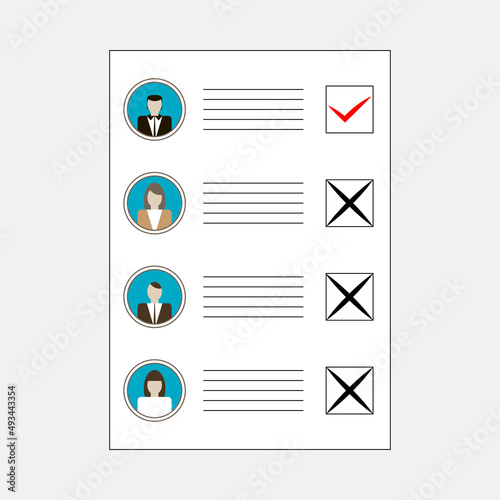 Ballot with candidates avatars after voting. Constitutional importance document certifying elector vote.  Paper sheet used in elections. Candidates lists for any elective office or political parties.
