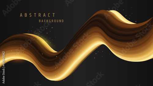 Golden Abstract fluid wave on black background. Modern poster with gradient 3d flow shape. Gold color flow banner design for web, landing page.