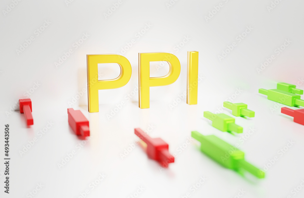 Producer Price Index - ppi sign in gold letters on white of a chart of oil from the Forex market with Japanese candlesticks with reflection, 3D rendering Producer Price Index - ppi sign in gold letters on white of a chart of oil from the Forex market with Japanese candlesticks with reflection, 3D rendering
