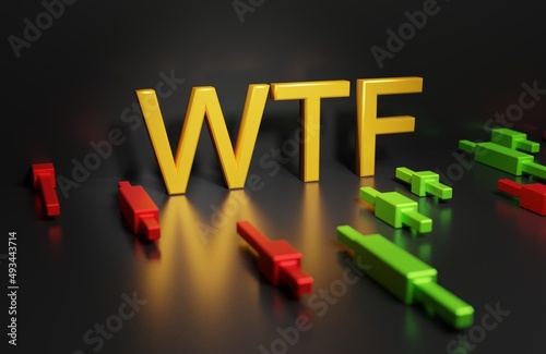 The reduction of WTF and the chart of growth and fall from Japanese candlesticks, the concept of losses, losses and misunderstandings in the stock and foreign exchange market, 3D rendering