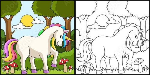 Unicorn In A Forest Coloring Page Colored 