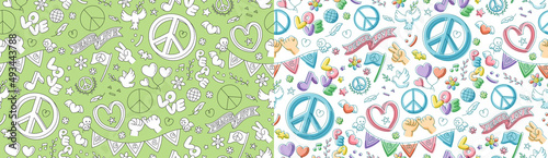 Peace doodle kids hand drawing seamless pattern set and marker watercolor, Peaceful Pray and Stop war concept, minimal flat design illustration on background copy space, vector