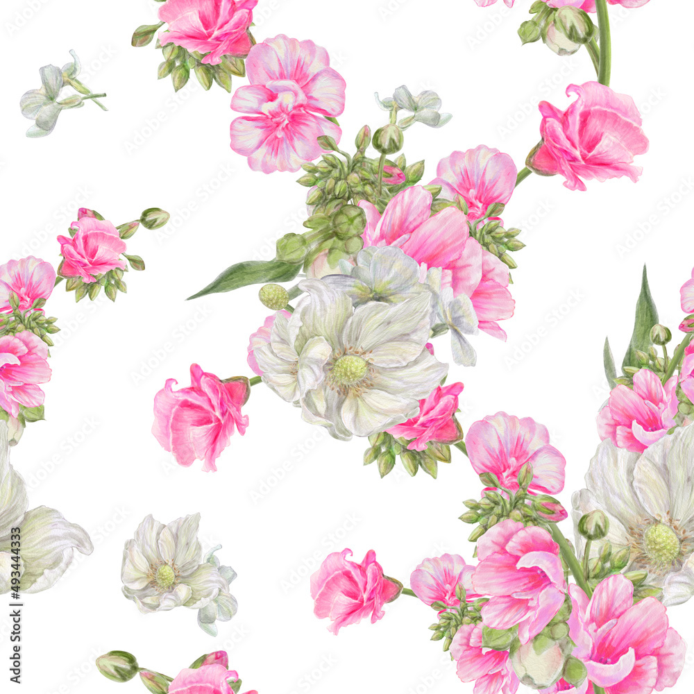 Realistic vintage seamless floral pattern with pink and white flowers - watercolor. Bouquets of flowers. Spring. Summer. White Background.