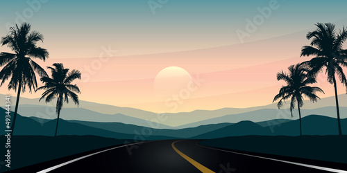 summer paradise road trip at sunset on tropical palm landscape