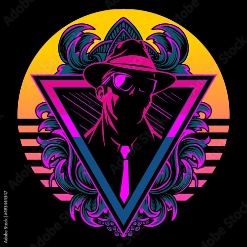 detective silhouette vector illustration in cyberpunk style