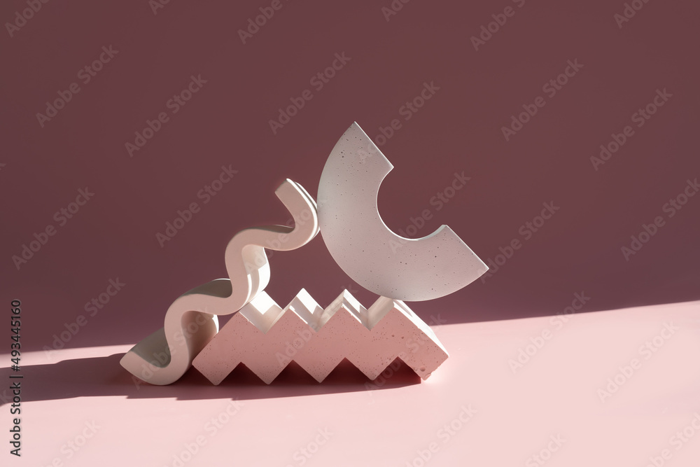 Abstract white podium with colored figures on a fashionable background for advertising, front view Abstract white podium with colored figures on a fashionable background for advertising, front view
