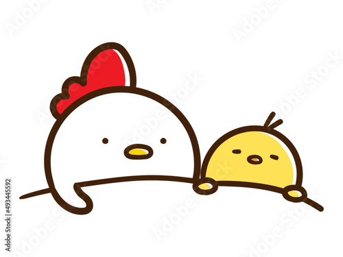 一緒に布団で眠るにわとりとひよこ親子のかわいい手書き風イラスト