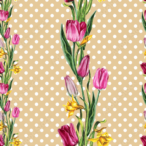 Set of  watercolor illustrations spring flowers with Easter eggs