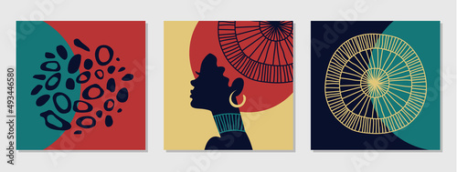 Set of abstract posters with black woman and African motifs. Flat design in dark colors, black, emerald, red and beige. Vector square backgrounds for print, cover and wall art.