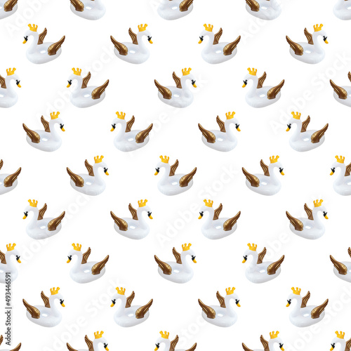 Seamless pattern beach inflatable swan. Pool white inflatable swan for summer beach isolated on white background. Trendy summer concept.