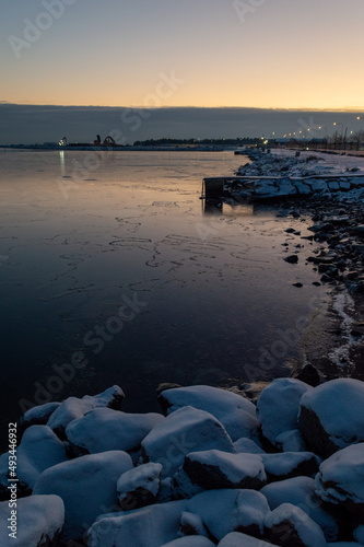 Helsinki frozen waterfront at sunset