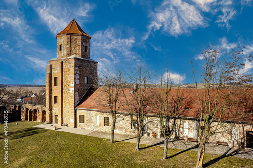 miasto Toszek, stary zamek, gród z IX wieku, panorama z lotu ptaka. Śląsk w P...