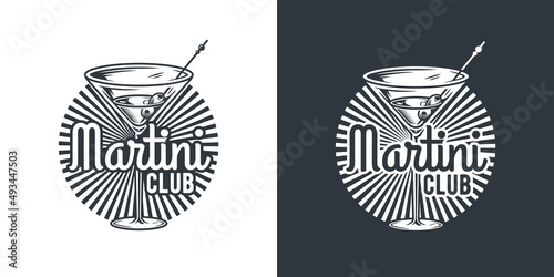 Martini cocktail with olives for alcohol bar. Monochrome design with glass of martini for drink party