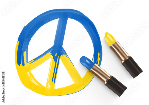 Peace icon with Ukraine national flag pattern drawing by Lipstick blue and yellow color, Pray for peaceful and Stop war concept design illustration isolated on white background with copy space, vector
