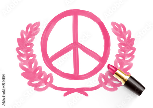 Peace icon with olive branch pattern drawing by Lipstick pink color, Pray for peaceful and Stop war concept design illustration isolated on white background with copy space, vector